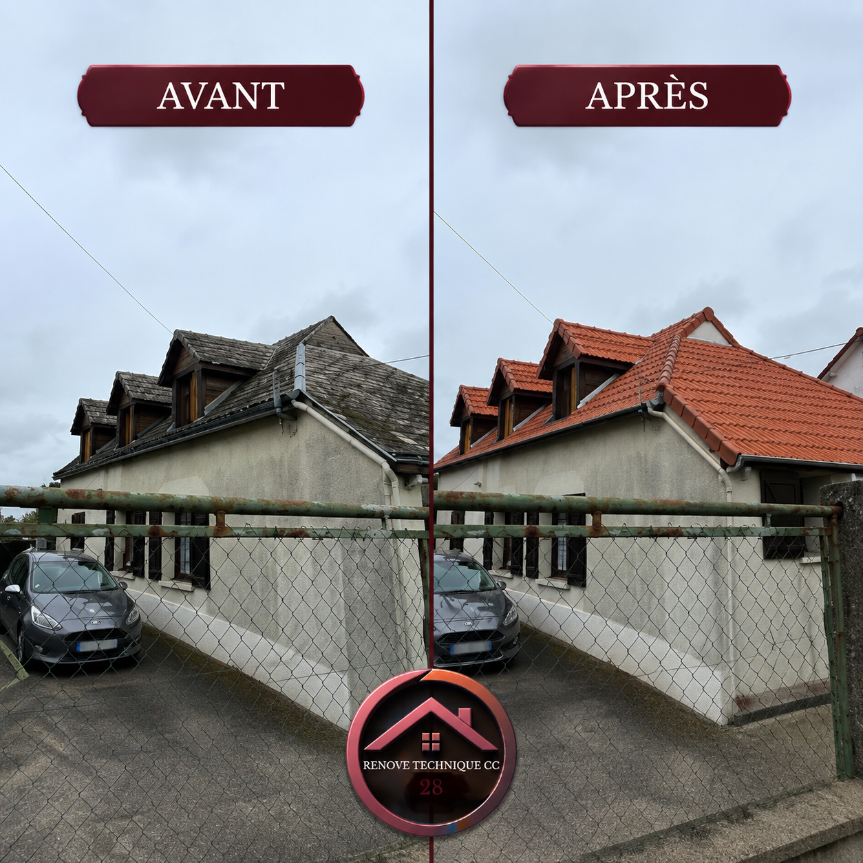 Toiture en tuile rouge avant et après rénovation par Rénove Technique CC