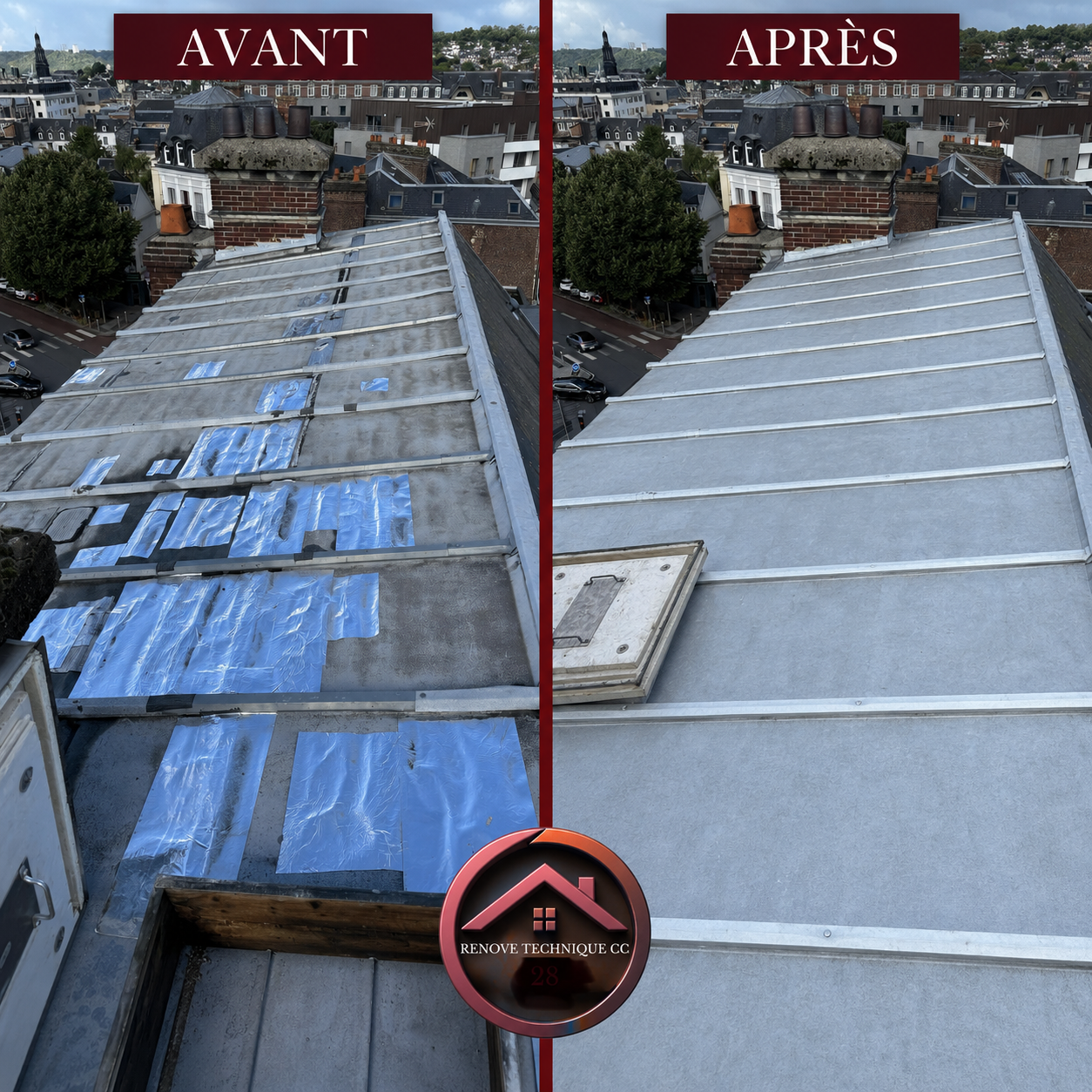 Réparation d’une couverture en zinc avant et après par Rénove Technique CC